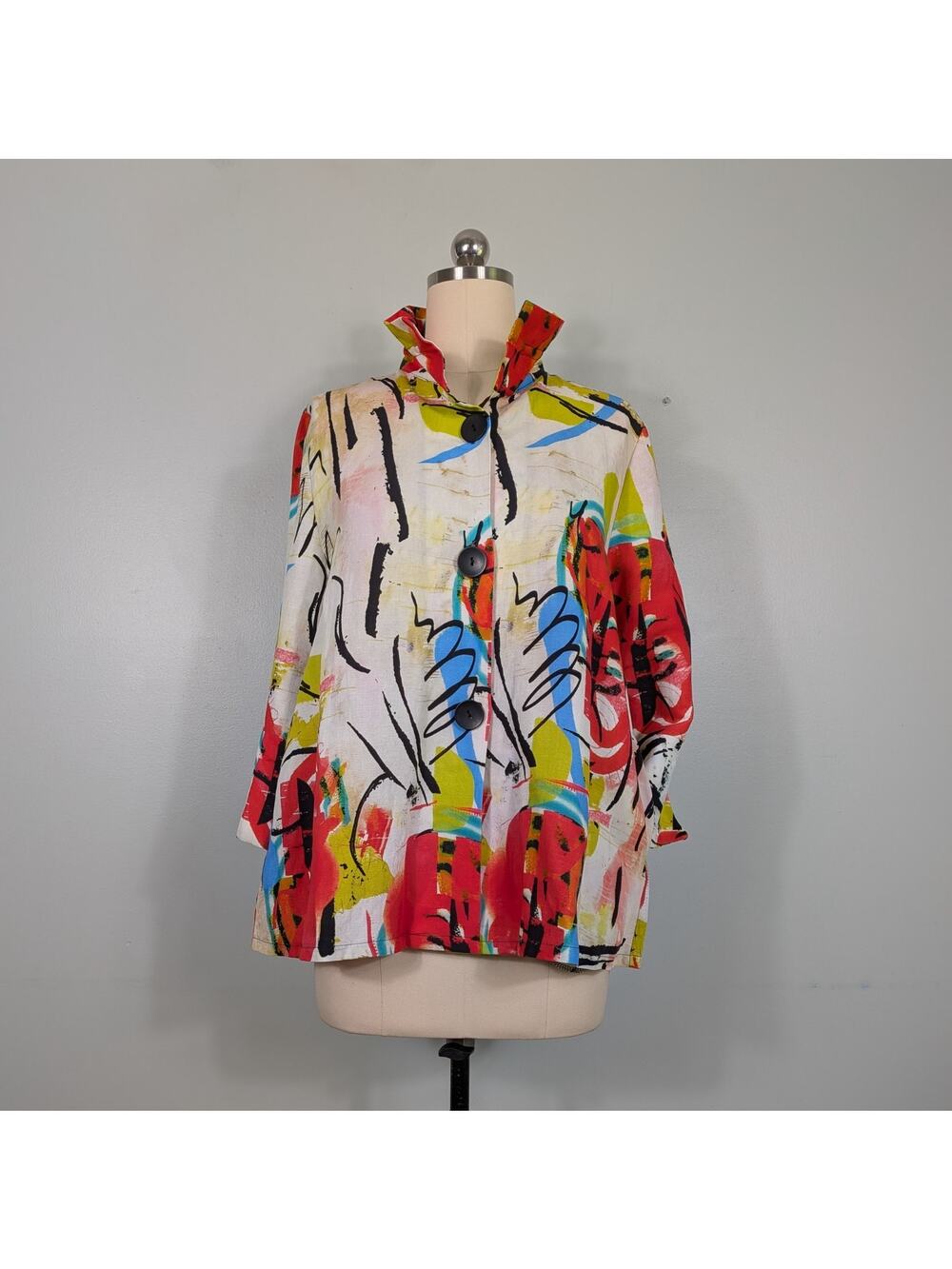 Damee Button Jacket Top M Mulicolor Artsy Wire Collar Art Teacher Funky Eclectic